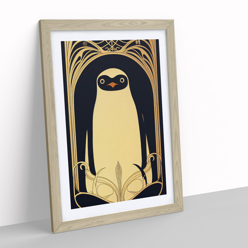 Art Deco Penguin - Wall Art, 34cm H x 25cm W x 2cm D, Oak Frame