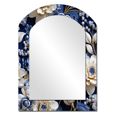 Intricate Cobalt Lace Victorian Pattern - Floral Arch Decorative Mirror, Cottage Asymmetrical Wall Mirror, Printed Metal Art