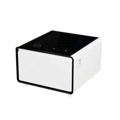 Modern Smart Side Table with Fridge, Wireless Charging, Temperature Control, Power Socket, USB Ports, Outlet Protection, Induction Light, White