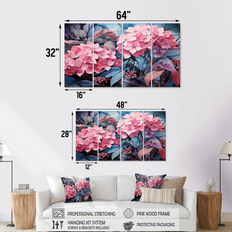 «Pink Tropical Hibiscus Elegance III - Hydrangea», art mural sur toile 4 pièces, H 32 po x l 64 po
