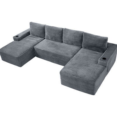 Canapé modulaire en forme de U gris avec porte-gobelets et poches latérales intégrés, tissu en velours côtelé luxueux, support à ressorts ensachés en éponge, aucun assemblage requis