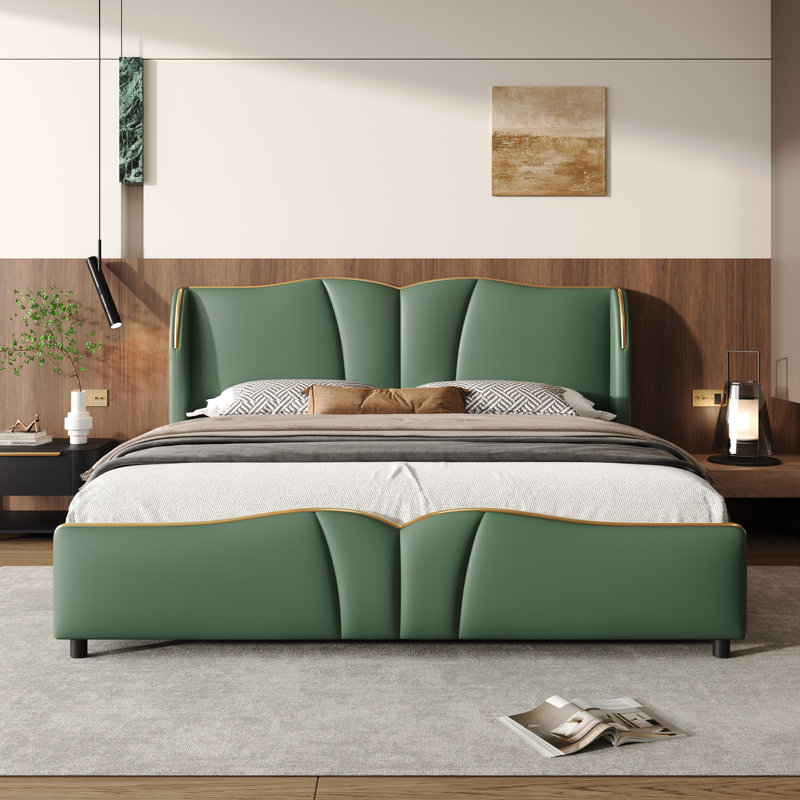 Queen Size Leather Upholstered Bed Frame, Modern Bed Frame With Wingback Head Board, Upholstered Platform Bed With Wavy Footboard, No Spring Box Needed, Dark Green