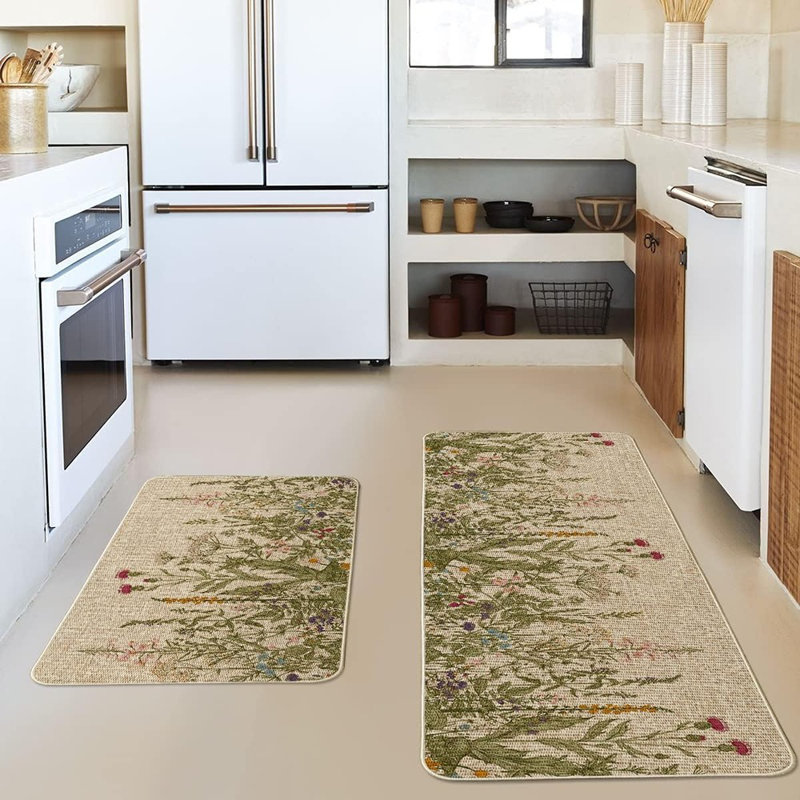Wildflower Spring Floral Kitchen Mats - Multi - Set Of 2 Low-Profile Floor Rugs, Summer Holiday Party Home Kitchen