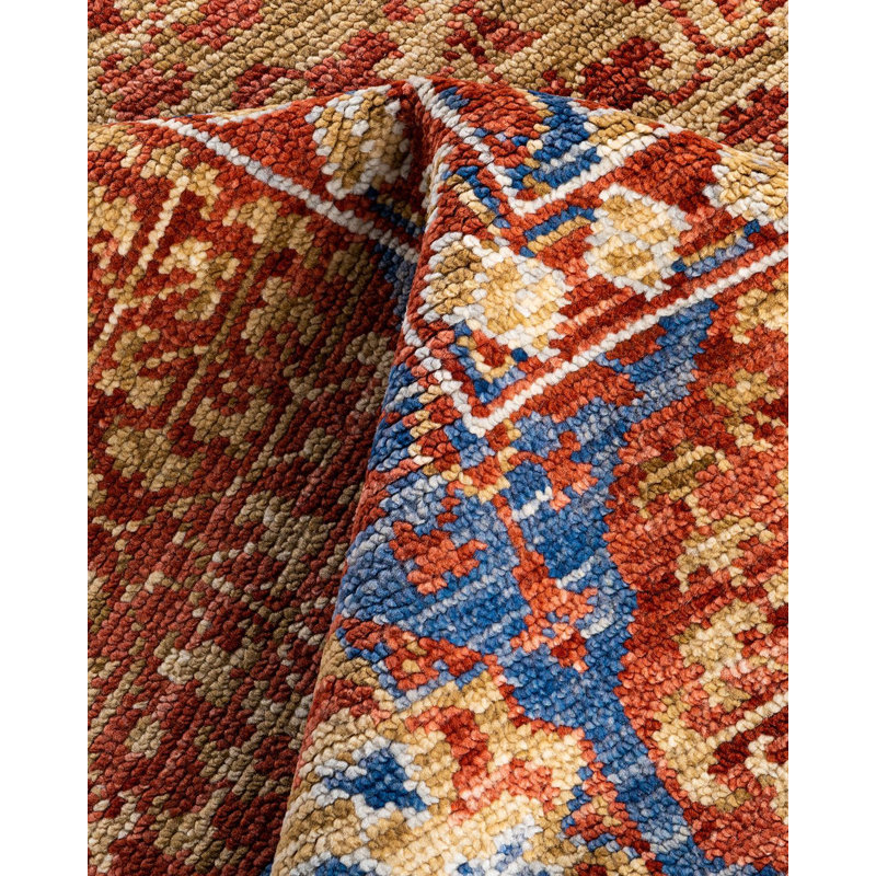 Rust and Blue Hand-Knotted Wool Rectangular Area Rug