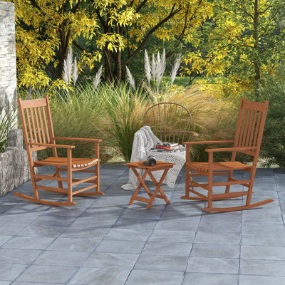 Outsunny Outdoor Rocking Chair Set Of 2 With Side Table, Patio Wooden Rocking Chair With Smooth Armrests, High Back For Garden, Balcony, Porch, Supports Up To 352 Lbs., Teak
