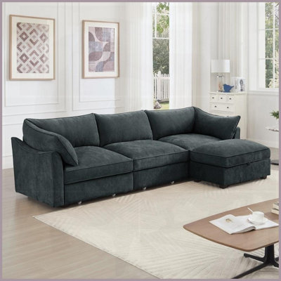 Canapé modulaire moderne en L à 3 places avec repose-pieds mobile en chenille moderne Rangement pour le salon