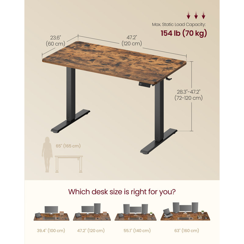Adjustable Steel Computer Desk, 120 cm H x 120 cm W x 60 cm D, Black, Rustic Brown