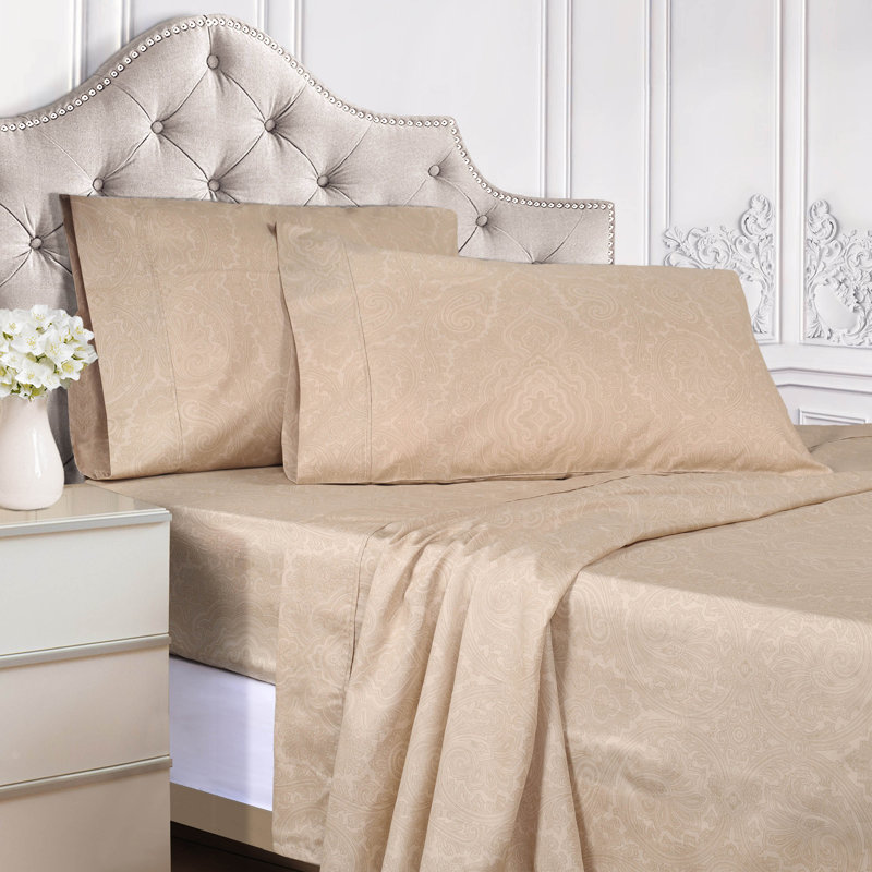 Ensemble de draps en coton mélangé à ourlet brodé 600 fils imperia, Ensemble de draps pour grand lit avec 2 taies d'or, Sable