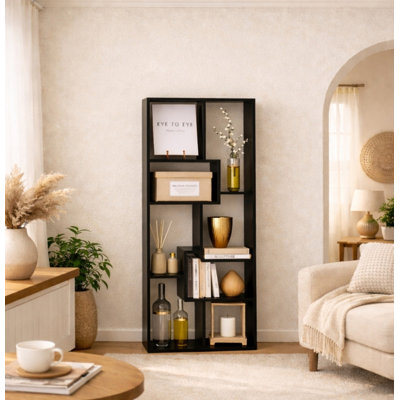 Vintage LED Lighted Asymmetrical Curio Cabinet - 5-Tier 4 Glass Doors with Adjustable Shelves | Stylish Display Shelf Bookcase for Collectibles & Home Office Decor