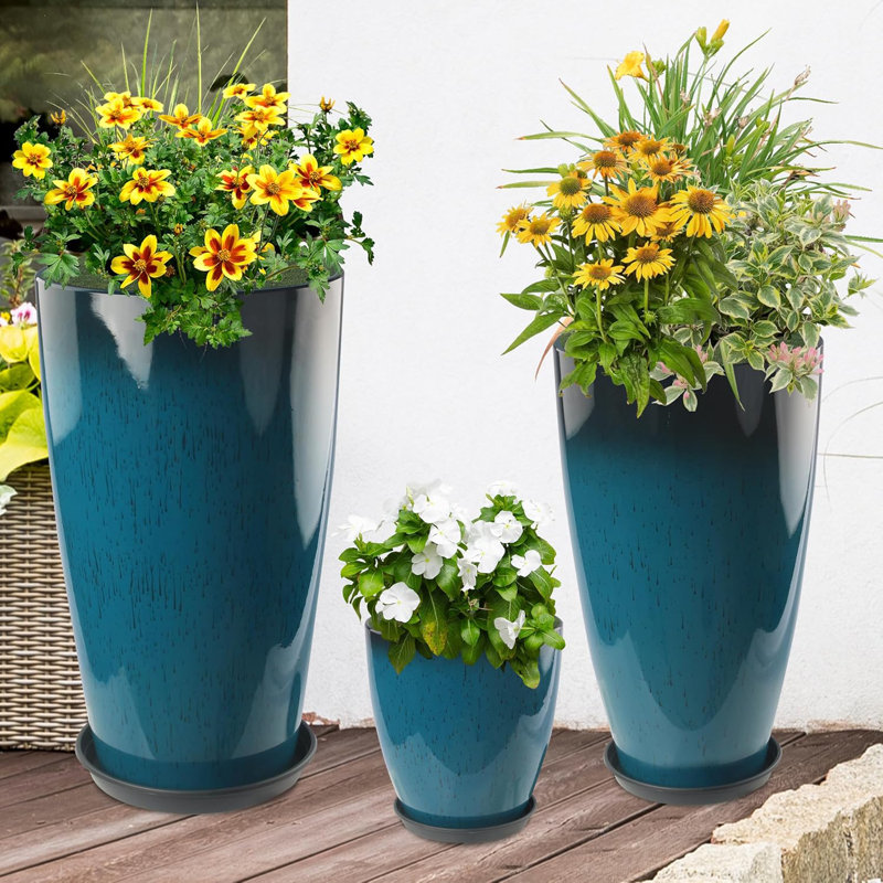 Aldan Set of 3 Blue Planters - 24", 21", 10" | Indoor/Outdoor Plastic w/ Drainage & Saucers, Porcelain-Look for Home & Porch