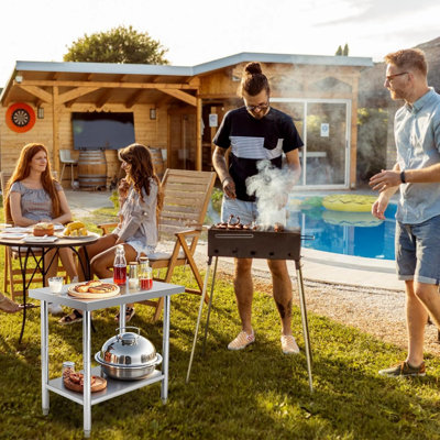 Table de préparation de cuisine en acier inoxydable avec roulettes, établi commercial robuste avec crochets, table en métal avec tablette à hauteur réglable pour le garage, extérieur