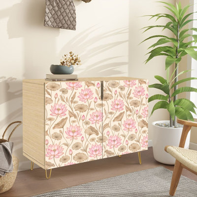 Buffet Buffet avec rangement Fleurs de lotus beige et rose avec 2 portes pour le salon et la cuisine