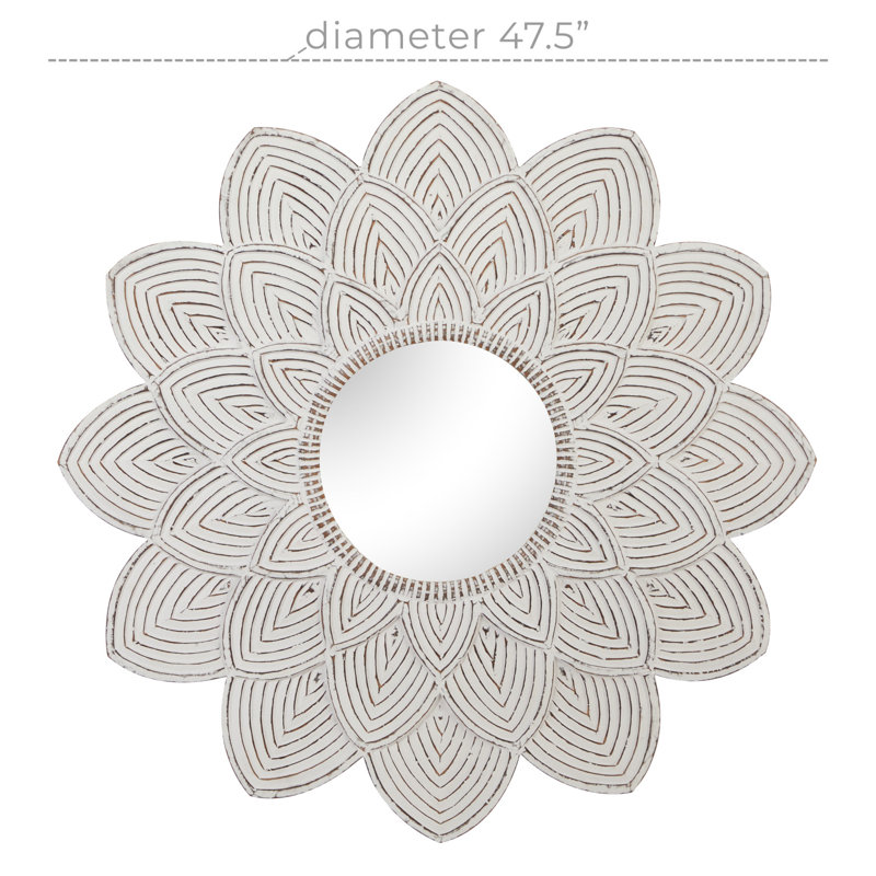 White Carved Floral Round Wood Wall Mirror
