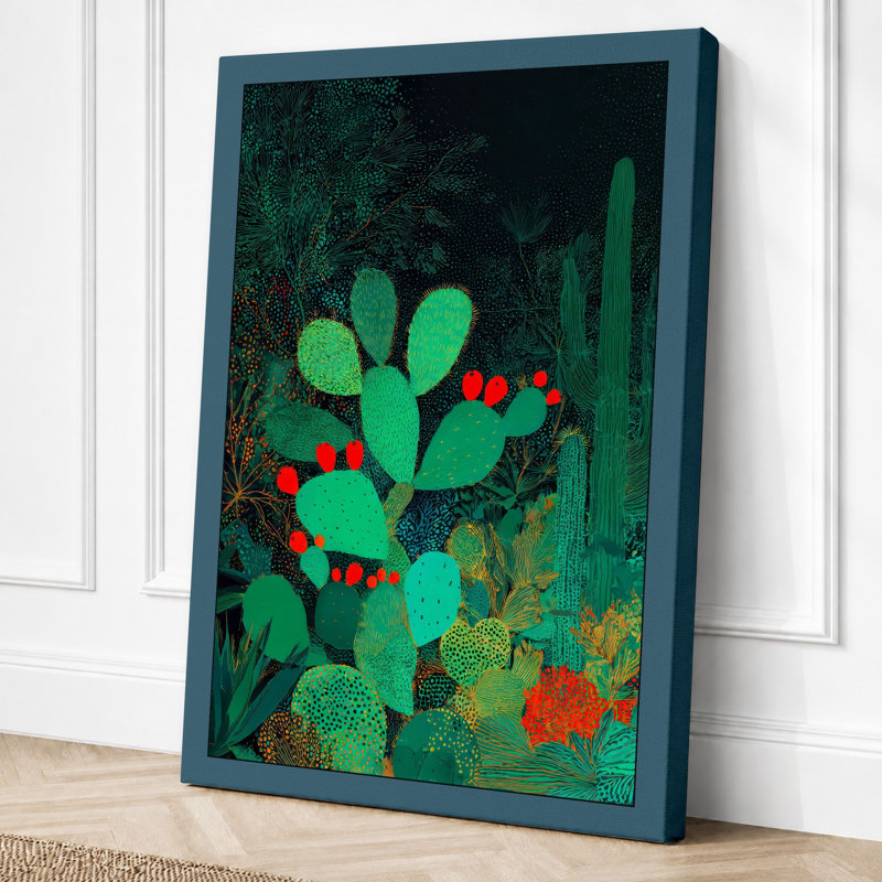 Desert Garden Botanical 1 Piece Wrapped Canvas Wall Art, 30x20 - 76.2 x 50.8 cm, Teal Border