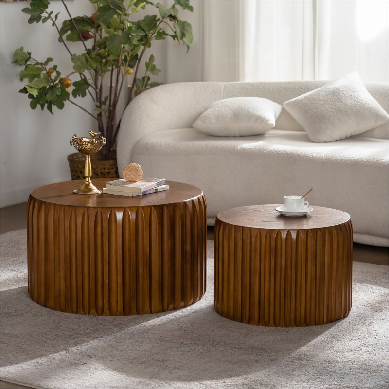 Ensemble de 2 tables basses gigognes rondes en bois massif MDF cannelé de style Mid-Century, 26,77 19,69