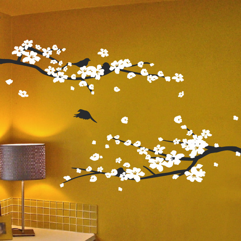 Décalcomanie murale petites fleurs de cerisier, 34" H x 41" lx 0.01" D, Noir / blanc