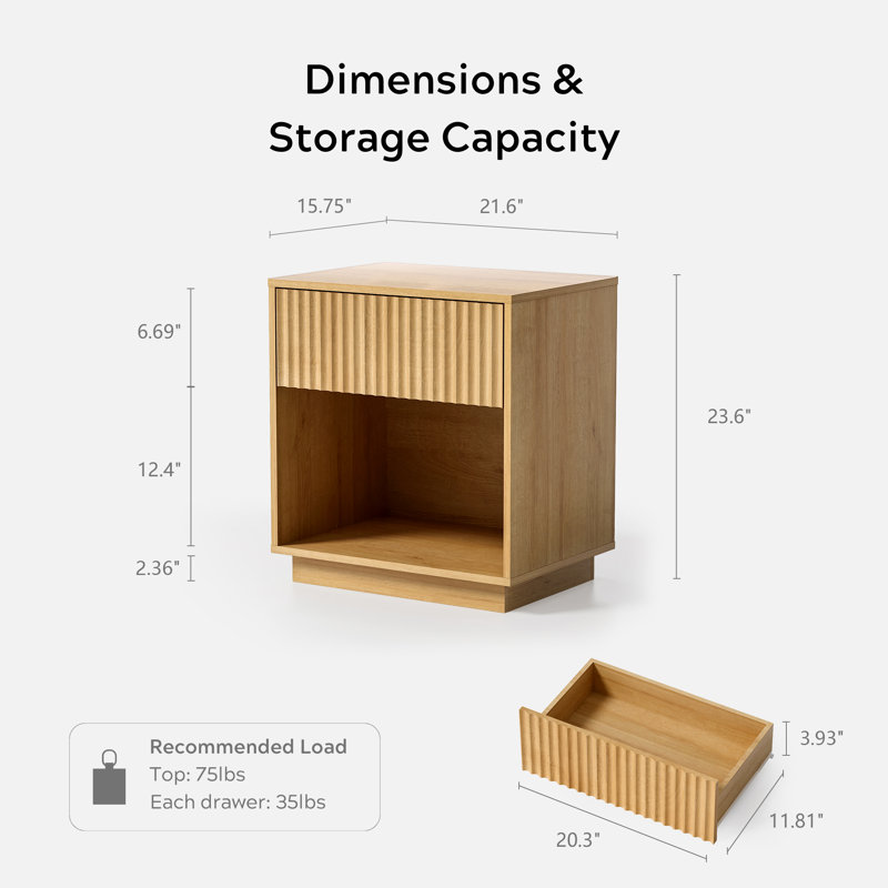 Table de chevet en bois avec 1 tiroir et casier ouvert - Rangement de chevet compact, Individuel, Chêne