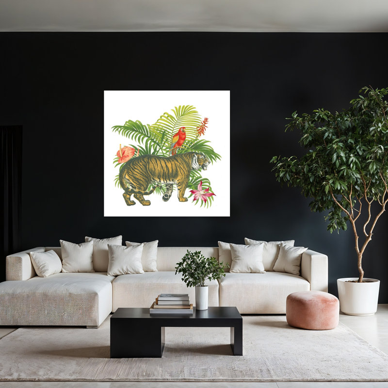 «In The Jungle I», art abstrait rétro, oiseau, chat, palmier, paysage, H 48 po x l 48 po