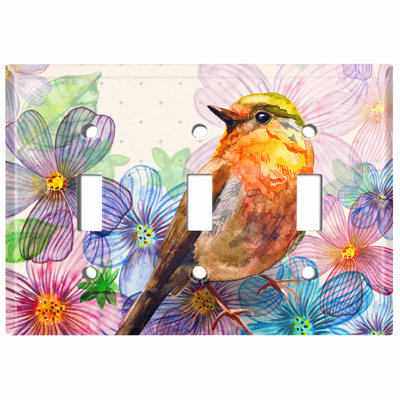 Metal Light Switch Plate Outlet Cover (Colourful Flower Bird Paint Polka Dot Pink - Single Toggle)