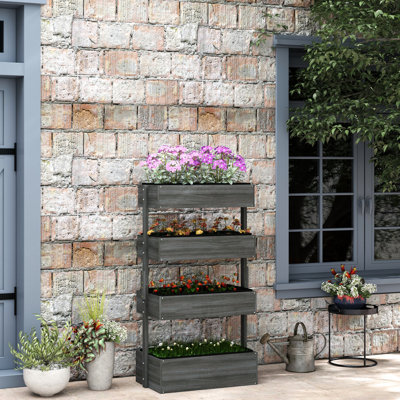 Outdoor Vertical Garden Planter, Wooden 4 Tier For Plants, Self-Draining With Non-Woven Fabric, Gray Shade Planter Box, Flower, Vegetable, Herb Planting,