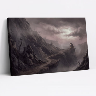 Toile murale d'Halloween « Chemin sinueux brumeux vers l'observatoire à flanc de falaise »