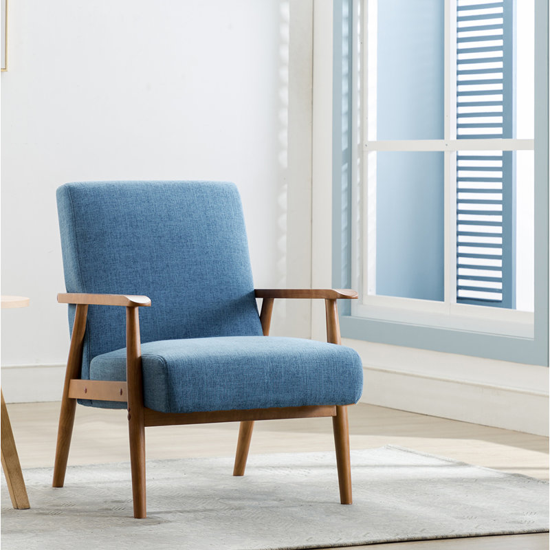 Chaise d'appoint rembourrée en tissu avec pieds en bois d'hévéa Amelia, Mélange de polyester bleu