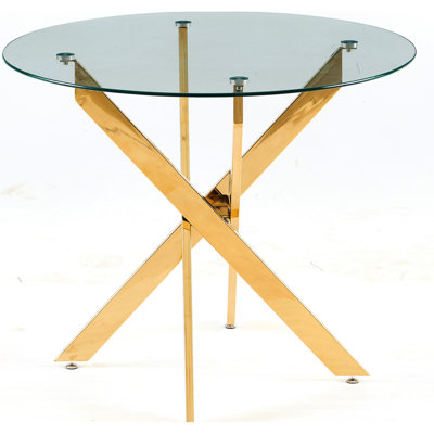Table de salle à manger Golden avec pieds croisés en métal et plateau en verre, dimensions de 34,6 po, pieds stables et faciles d'entretien, 41,27 lb, attention aux détails, structure