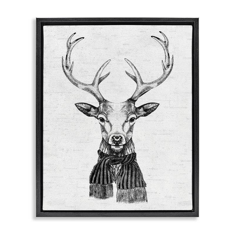 Art mural monochromes de cerf des Fêtes par lettres et lignes, Cadre flottant noir de jais, H 21 po x l 17 po