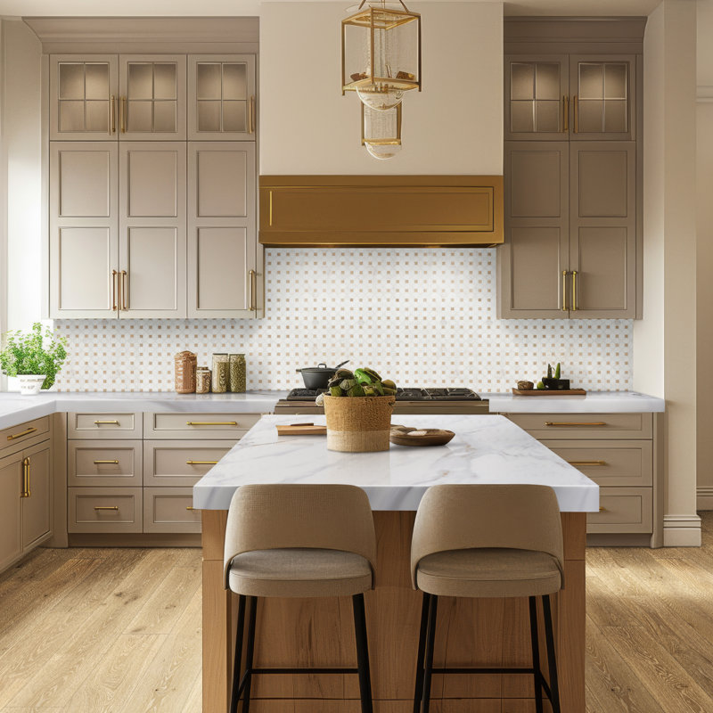 Geometric 13 in. x 13 in. Polished Marble Mosaic Floor and Wall Tile, Calabria Frost Gold