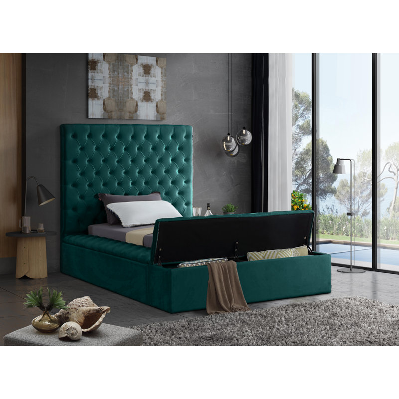Lit plateforme tapissier avec rangement Johnnay, Simple, Velours vert