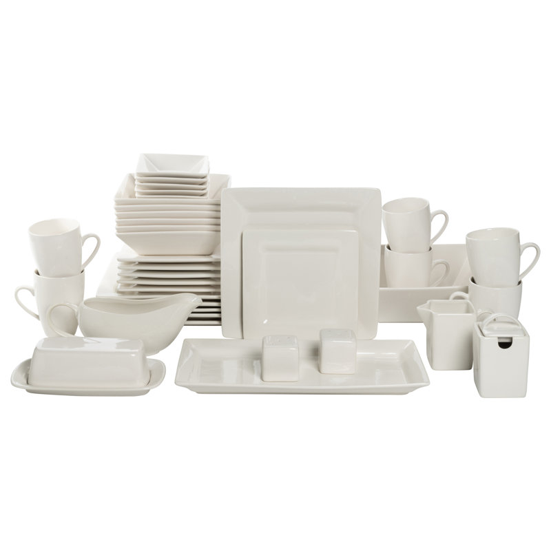 Nova Square Stoneware 38 Piece Dinnerware Set, Service for 6, Cream/White