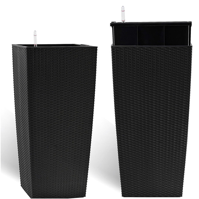 22"Tall Planter Set of 2, Outdoor＆Indoor Black Planter Pots, High Front Porch Planter Pots with Drainage Holes＆Water Level Monitor＆Inner Bucket, Automatic Watering, Black