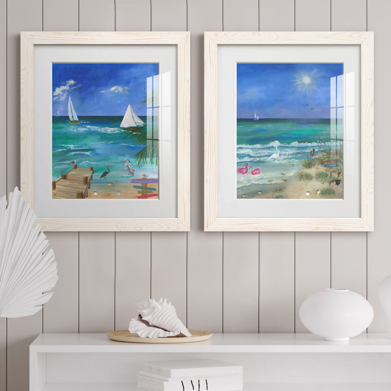Plaisir amusant plage I - 2 pièces, reproduction d'art, H 24 po x l 36 po x P 1,5 po, Papier encadré blanc, Blanc