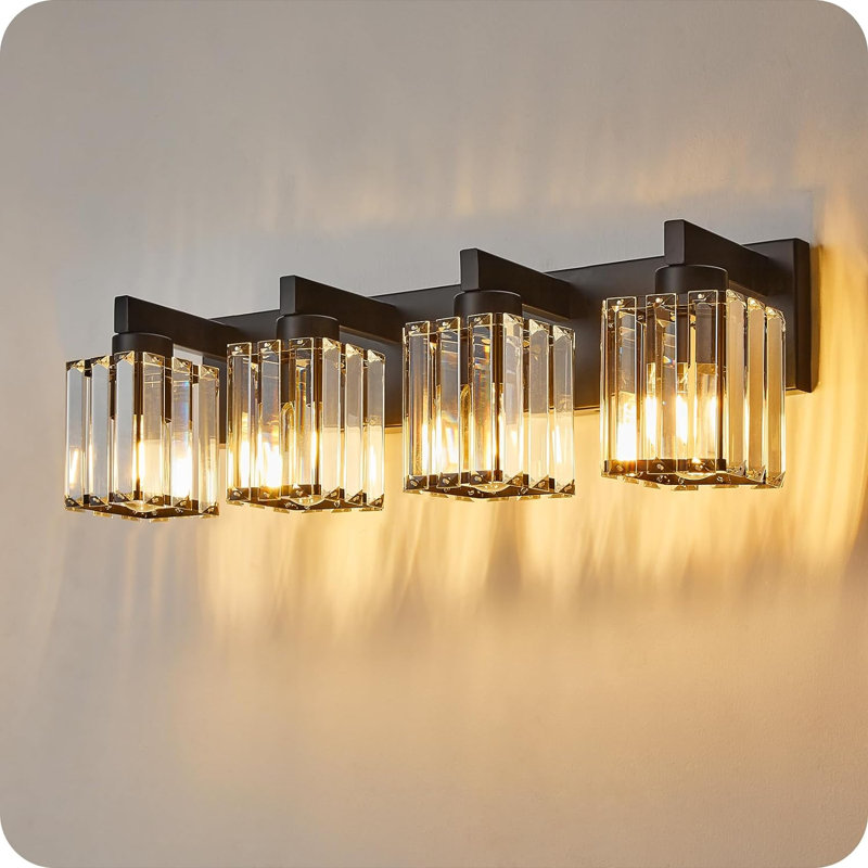 Luminaire de meuble-lavabo 4 lumières, lampes murales noires modernes avec abat-jour en cristal à rayures, base E26, fixation vers le haut ou vers le bas