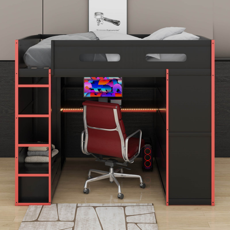 Full Size Wood Loft Bed With Desk,Wardrobe And LED Light, Red