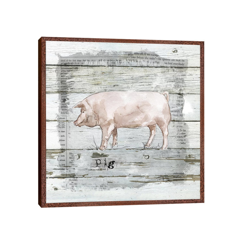Farmhouse Collage Pig by Carol Robinson - Print on Canvas, 45.72 cm H x 45.72 cm W, Classic Brown Wood Framed