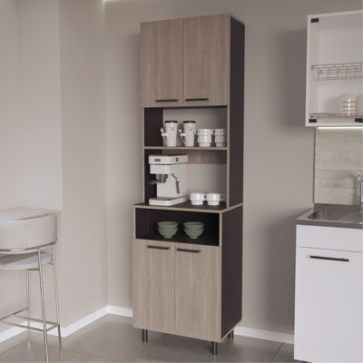 Kitchen Pantry In White Oak And - 4 Doors For Concealed Organization, Open Storage Quick Display, Metal Legs With Design Neat