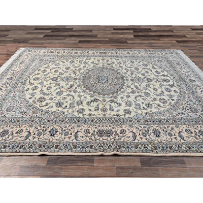 9'6"x13'10" Cream White, Persian Nain with Flower Medallion Design, Wool and Silk, Hand Knotted, 400 KPSI, Oriental Rug