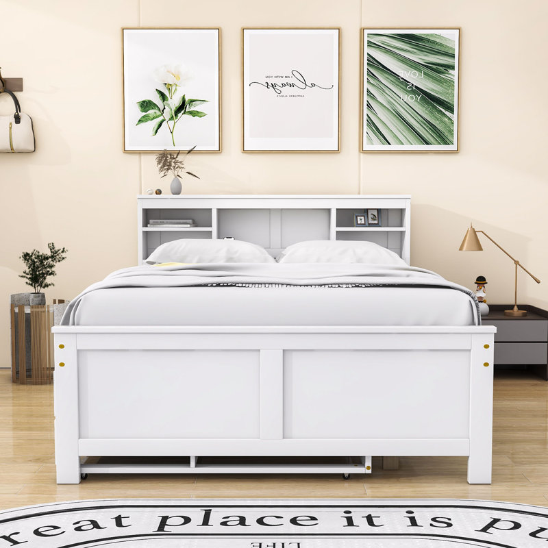 Lit plateforme en bois avec lit gigogne simple et 3 tiroirs Olriedge, Double, Blanc