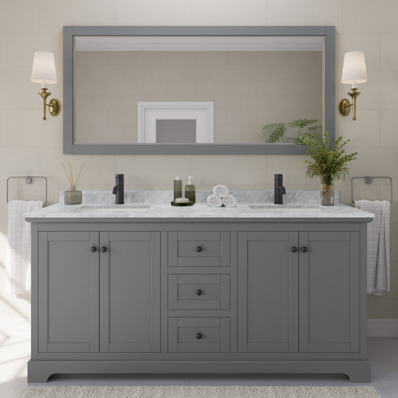 Avery 72'' Double Bathroom Vanity with Stone Top, Dark Grey, Matte Black