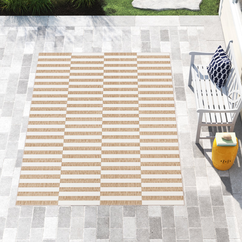 Tapis rayé intérieur / extérieur Robinson taupe / ivoire, Rectangle 7 pi 1 po x 10 pi