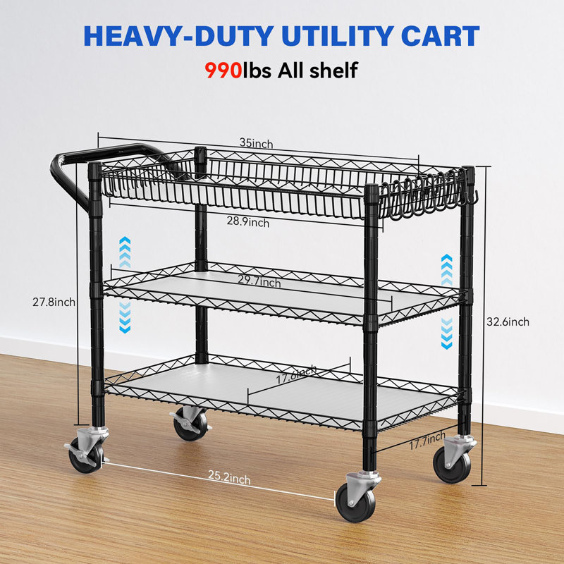 3 Tier Heavy Duty Metal Cart, Black
