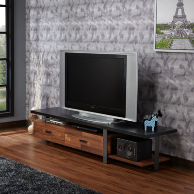 Meuble télé noir et noyer avec glissières à tiroir lisse en noir, convient aux appareils multimédias, écrans plats de 55 po