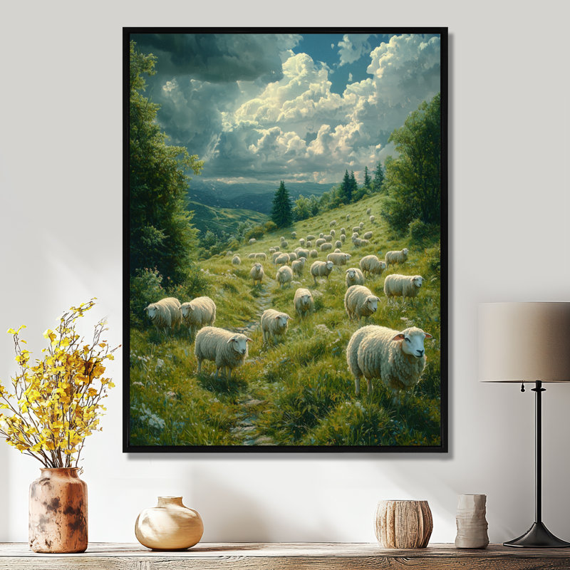 Sobel Sheep On The Hillside - Sheep, impressions sur toile, H 40 po x l 30 po, Noir, Reproduction avec cadre flottant