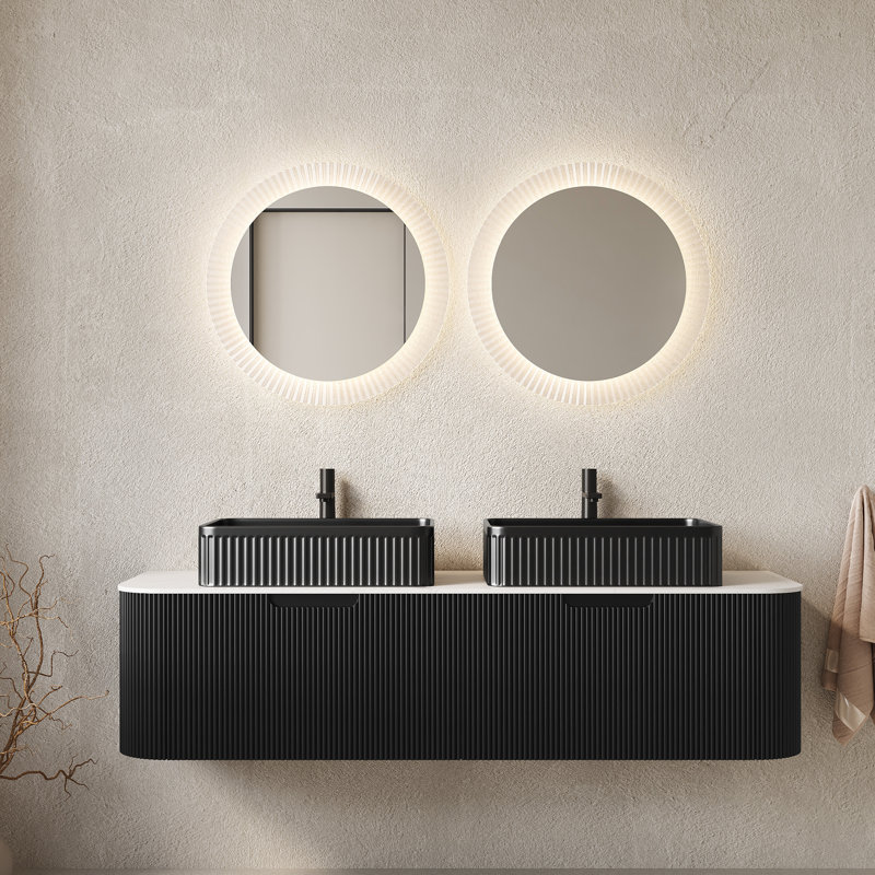 Meuble-lavabo de 60 po avec 2 lavabos rectangulaires noirs, rangement rayé flottant, tiroirs, pré-assemblé, couleur, lavabo, finition 3D, grands lavabos en céramique, cabinet de dureté, tiroir à fonctionnement en douceur,