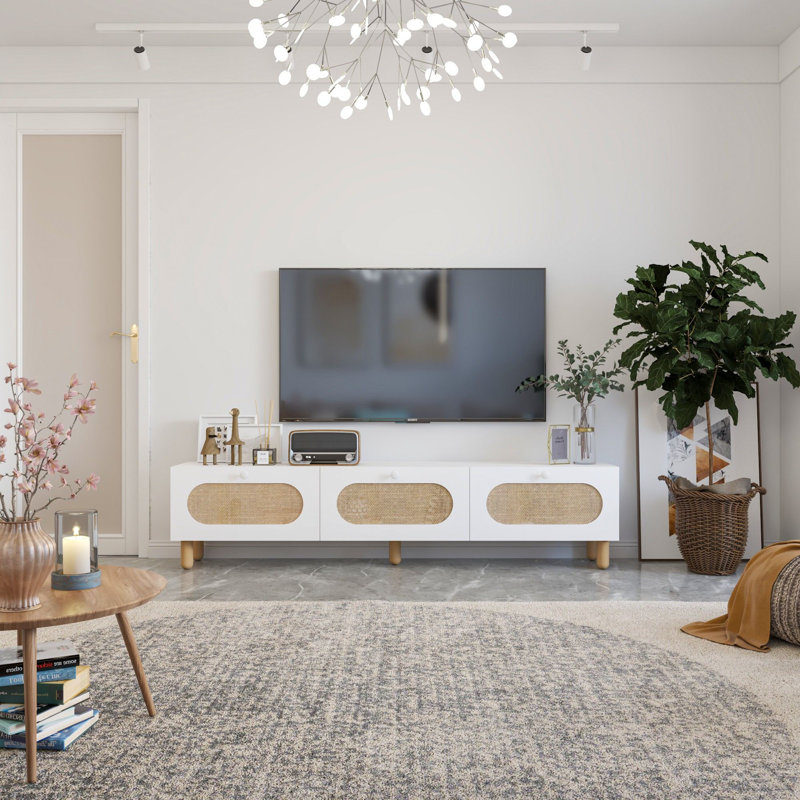 Meuble télé mural moderne, blanc, 70,9 x 16,8 x 12,4 pouces | 100% panneau de particules enduit de mélamine, épaisseur: 0,7 pouce | Tissu en jute durable, design élégant et peu encombrant, parfait pour le salon et les espaces de divertissement