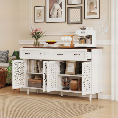 Vintage Sideboard Buffet Cabinet with Hand-Carved Geometric Doors, Distressed Light Wood Finish, and Ample Storage for Modern Farmhouse Decor