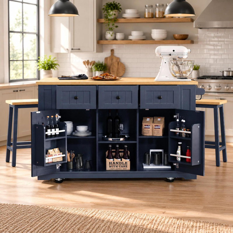 53-Inch Kitchen Island Set With Bar Stools, Drop Leaf, Storage, Drawers And Wheels