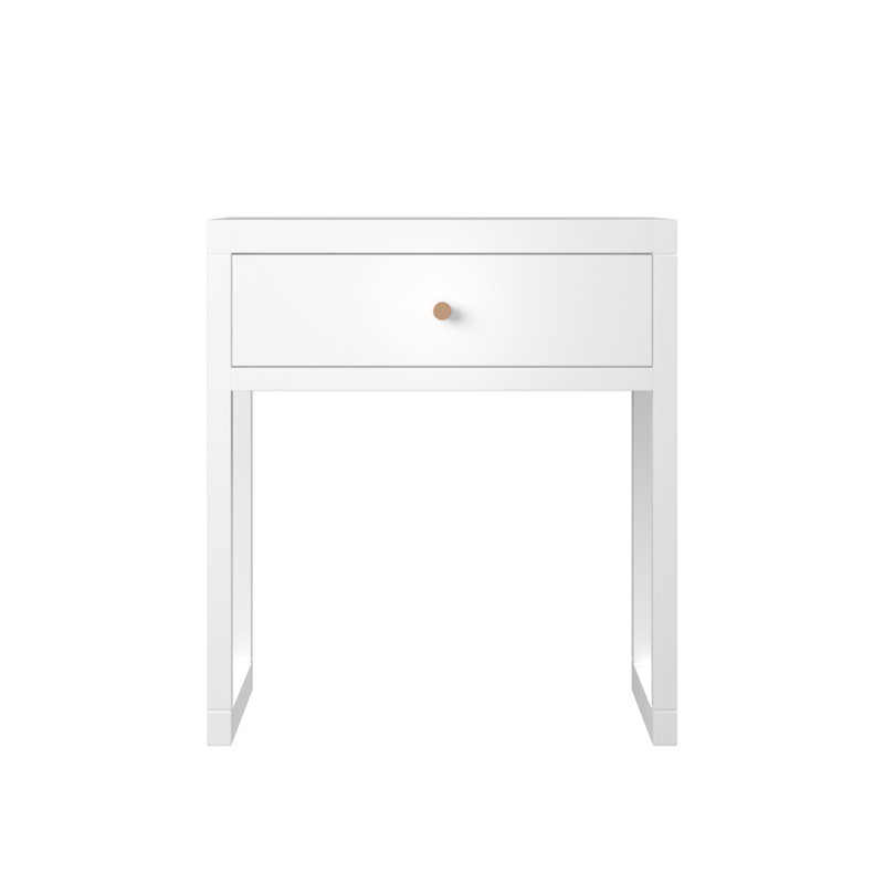 Table de chevet moderne blanche avec tiroir, table de chevet minimaliste avec poignée en bois
