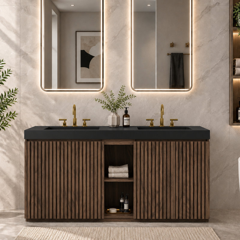 Meuble-lavabo double sur pied Lumene 60" Winston en noyer avec lavabo en quartz intégré, panneaux cannelés, portes à fermeture amortie, étagère centrale ouverte, lavabo noir en option, meuble de salle de bain moderne